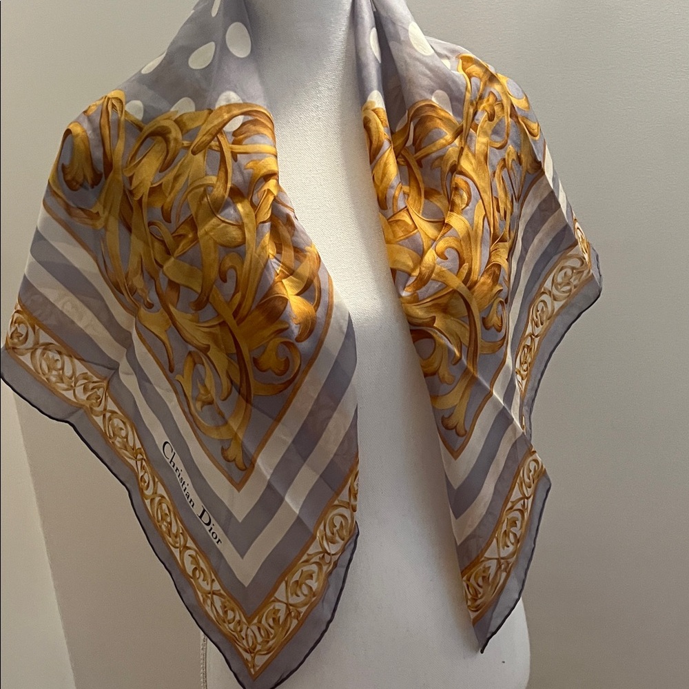 Dior Elegant Gold and Gray Scarf with Polka Dots - Picture 7 of 12